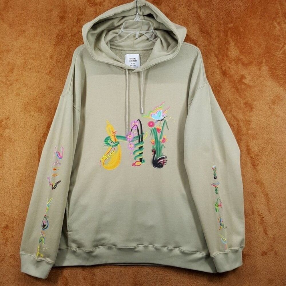 OPENING CEREMONY Big Hi Hoodie Large Sage Green Floral Dragon 100% Cotton $520